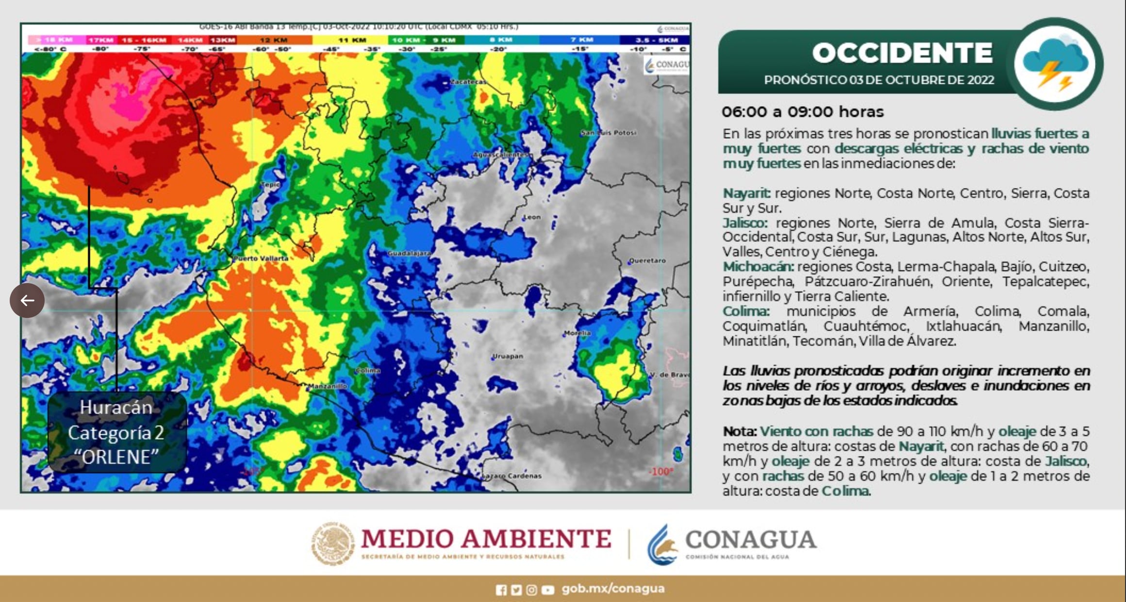 Huracán Orlene provoca lluvias torrenciales e intensas