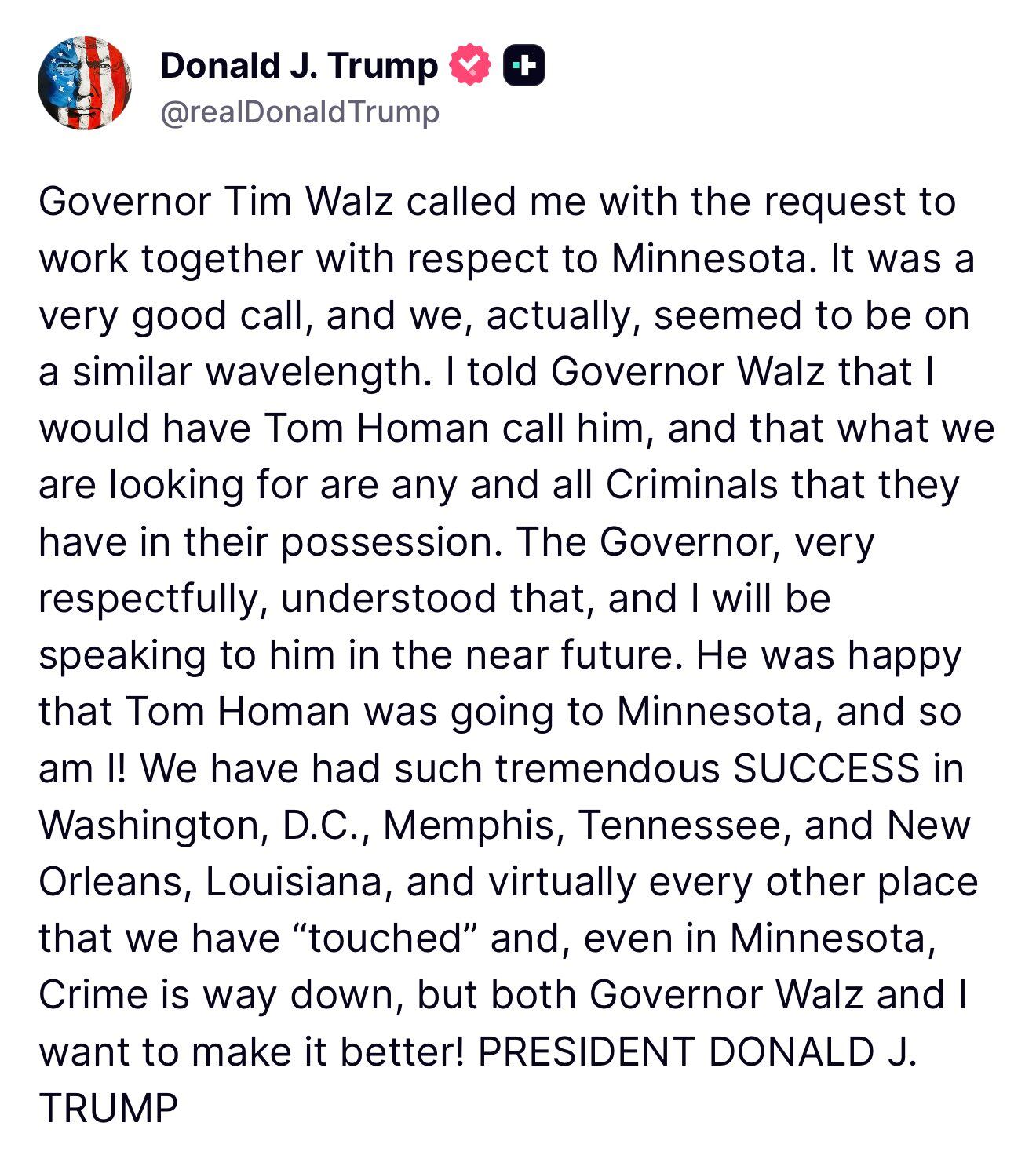 Trump confirma la llegada de Tom Homan a Minneapolis tras hablar con Tim Walz
