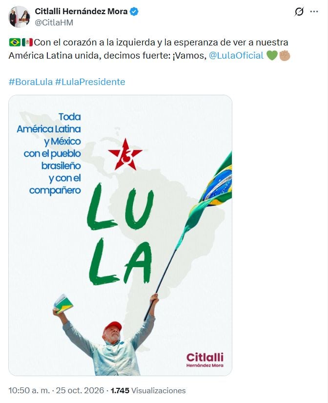 Citlalli Hernández respalda a Lula durante la segunda vuelta electoral en Brasil