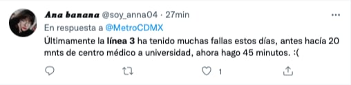 usuarios se quejan de retrasos de la línea 3 del metro/captura de pantalla de Twitter