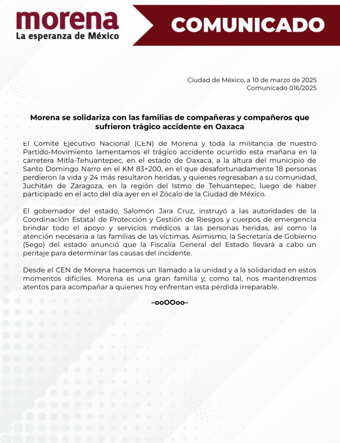 Morena emitió comunicado por volcadura de autobús en autopista Mitla-Tehuantepec, en Oaxaca