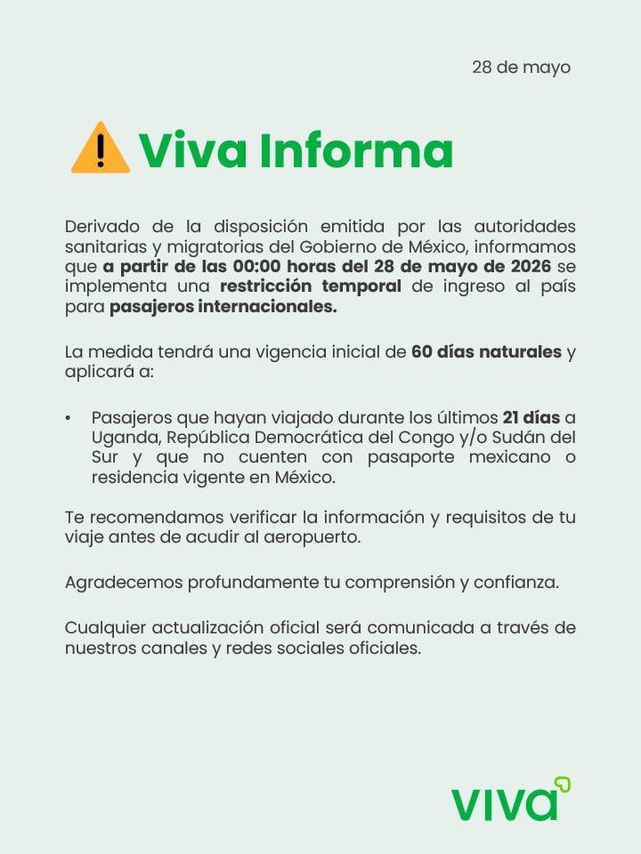 Viva Aerobus restringe ingreso a México de pasajeros de estos países por ébola