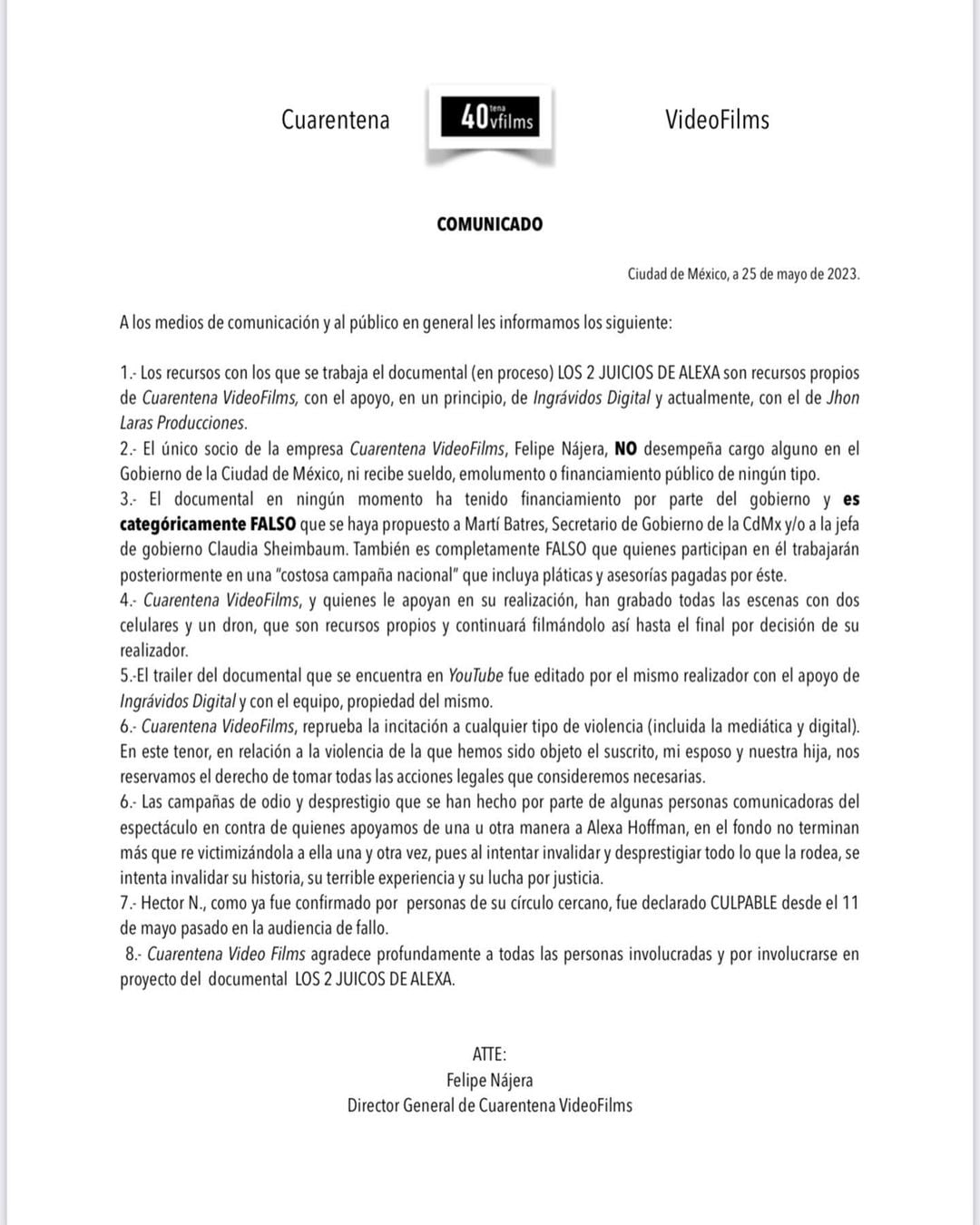 Felipe Nájera desmiente que el su documental tenga recursos del Gobierno de la CDMX