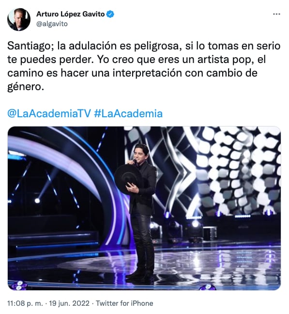 Tuit de Arturo López Gavito para Santiago, La Academia