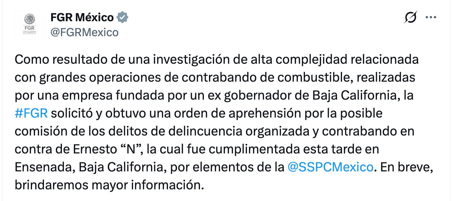 FGR anuncia detención de Ernesto Ruffo Appel, exgobernador de Baja California