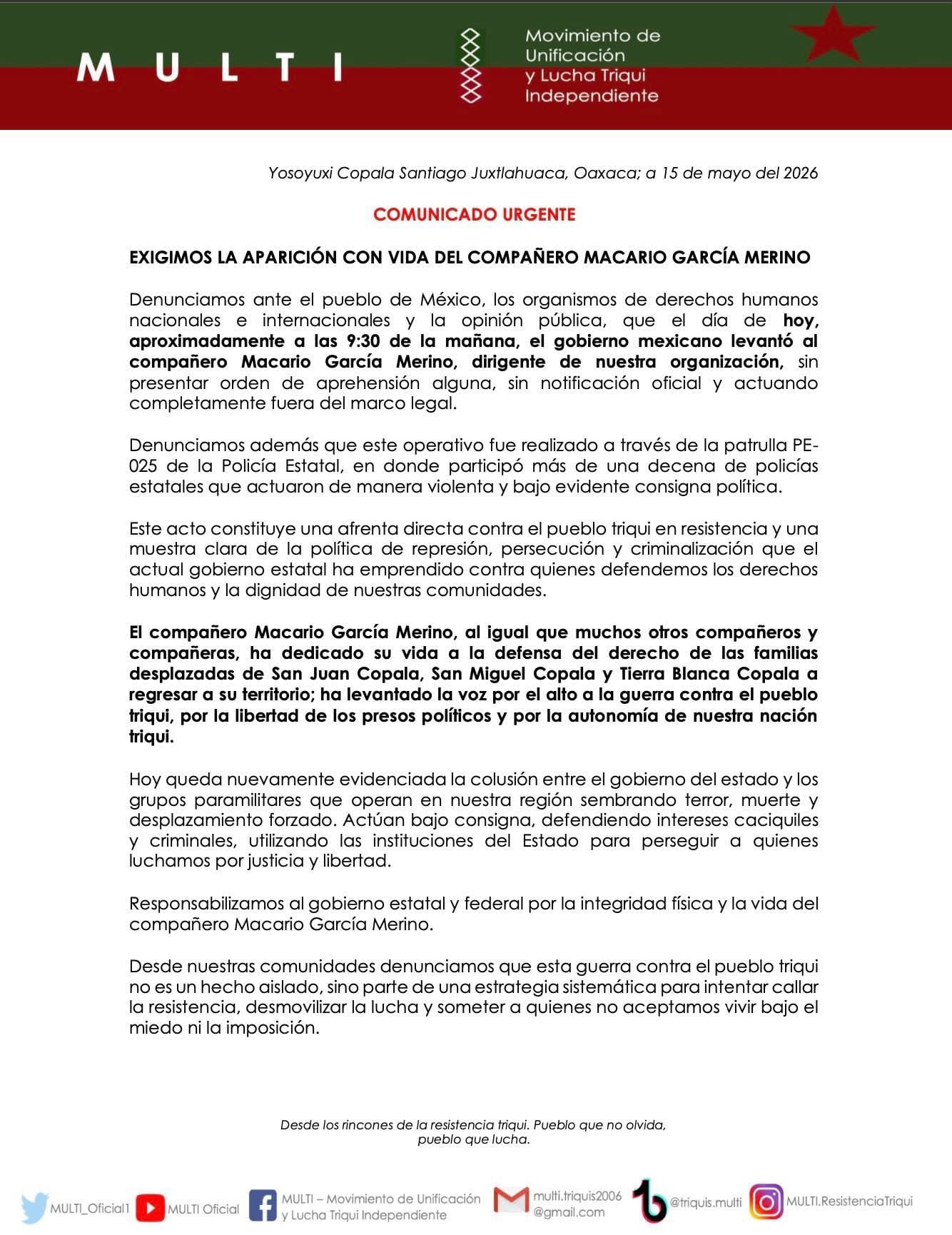 Denuncian "levantón" de Macario García Merino
