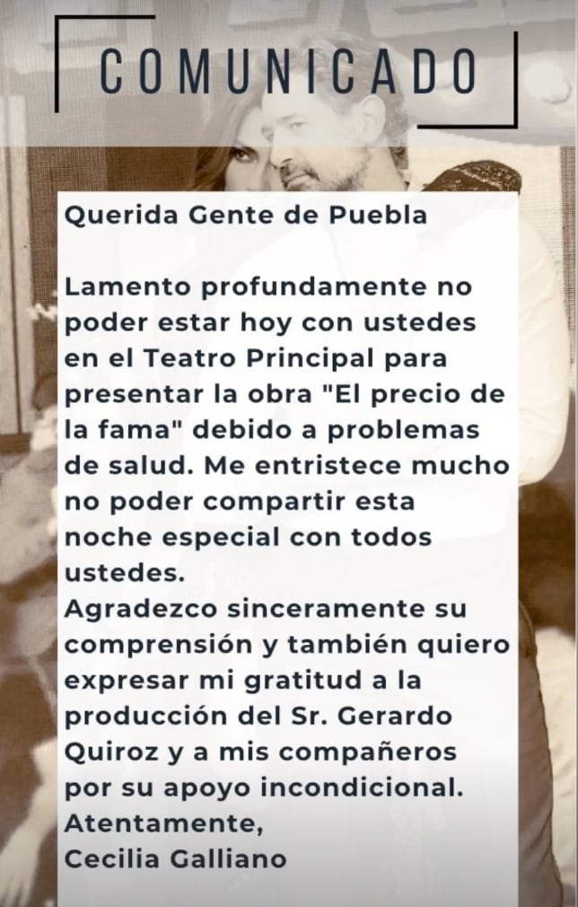 Comunicado de Cecilia Galliano sobre su salud