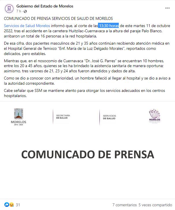 Comunicado por el accidente en Huitzilac, Morelos