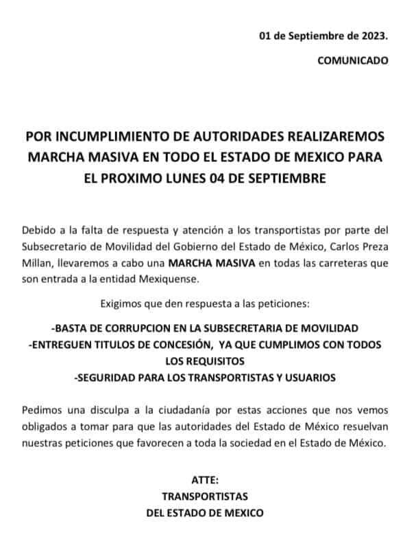Comunicado sobre paro de transportistas
