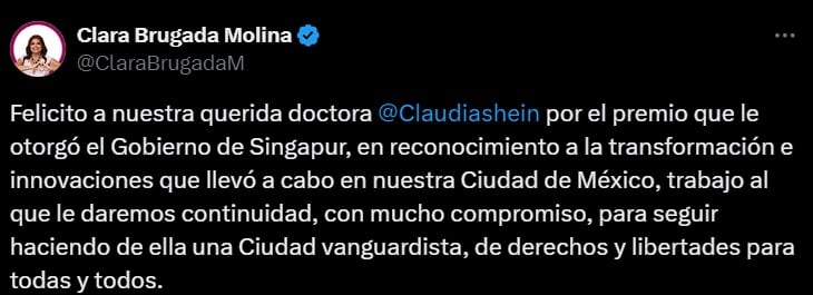 Mensaje de felicitación de Clara Brugada a Claudia Sheinbaum