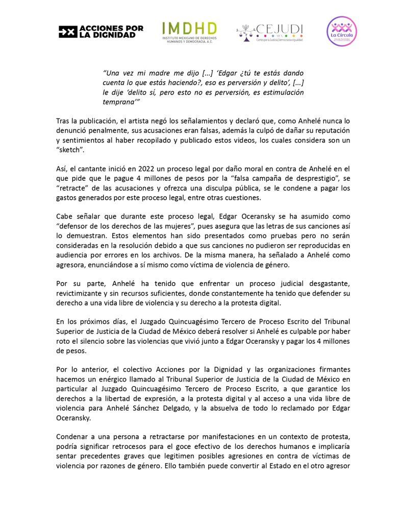 Comunicado de la víctima de Edgar Oceransky por su demanda.