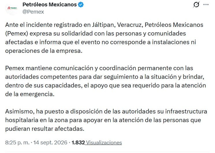 Pemex responde por explosión en Jáltipan y descarta fallo en ducto
