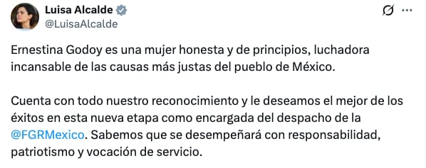 Luisa Alcalde expresa respaldo a Ernestina Godoy por nombramiento en FGR