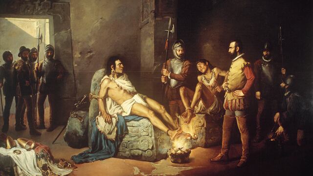 vEl suplicio de Cuauhtémoc. Óleo sobre tela. Leandro Izaguirre, 1893.