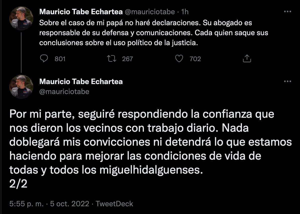 Mauricio Tabe dice que no hará declaraciones sobre la vinculación a proceso de su papá, Daniel Tabe