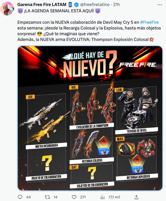 Free Fire revela su agenda semanal y su colaboración con Devil May Cry