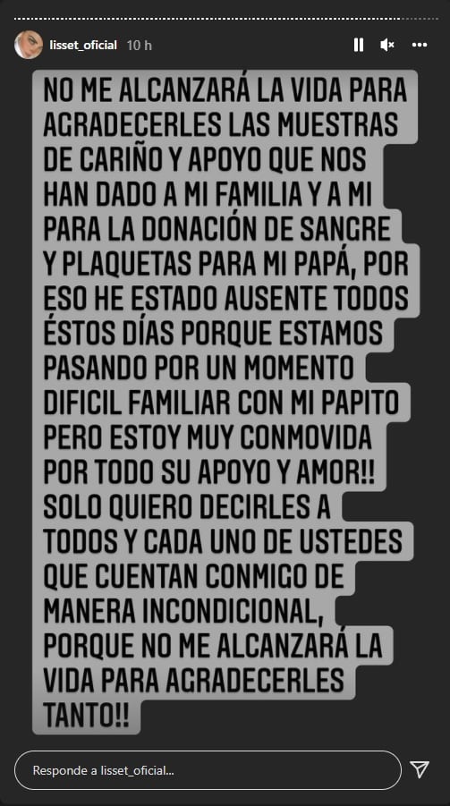 Lisset agradece el apoyo tras hospitalización de su papá