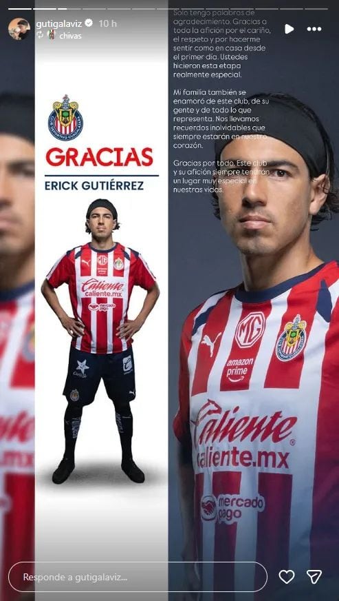 Erick Gutiérrez se despide de Chivas con un emotivo mensaje a la afición.