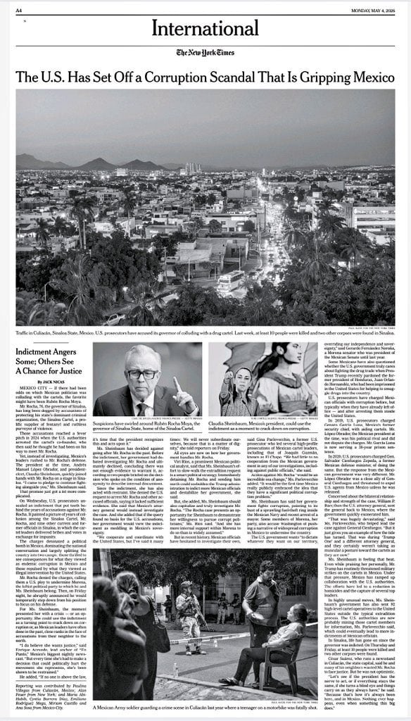 The New York Times lleva a portada presunta corrupción ligada a Rubén Rocha Moya