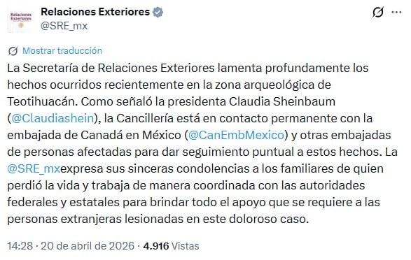 SRE lamenta hechos en Teotihuacán y activa contacto con embajadas