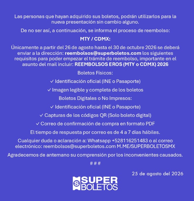 Cómo solicitar el reembolso por los conciertos de Eros Ramazzotti