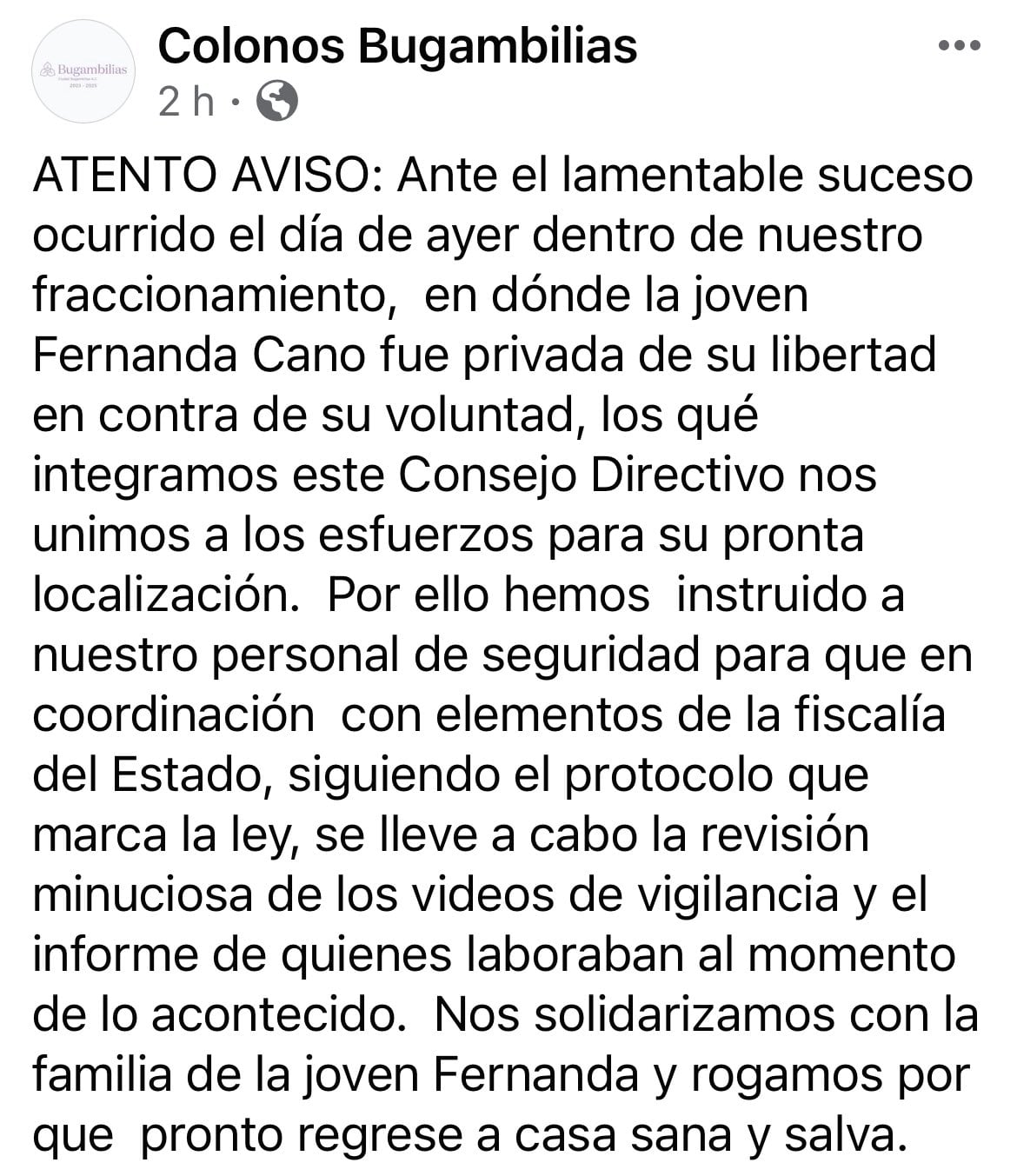 Comunicado de vecinos de Fernanda Cano