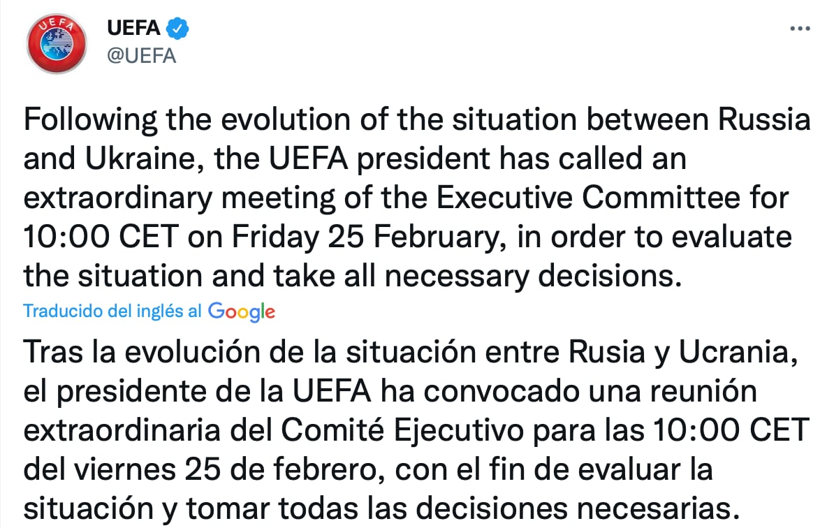 La UEFA decidirá el próximo viernes lo que sucederá con las competiciones que involucran a Rusia y Ucrania.