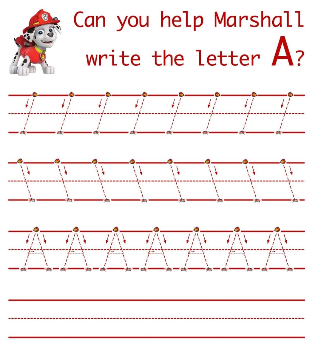 Aprende a escribir en el libro de Paw Patrol para imprimir y colorear