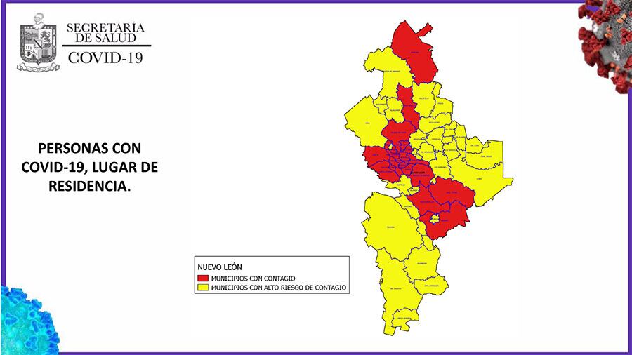 En el mapa de Nuevo León figuran los municipios con casos de Covid-19.