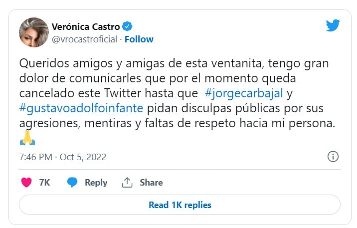 Tuit de Verónica Castro