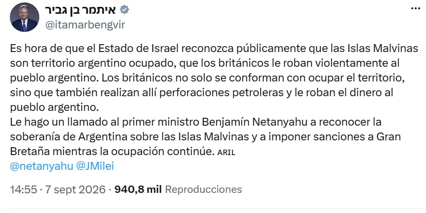 Itamar Ben-Gvir pide a Netanyahu reconocer la soberanía argentina sobre las Islas Malvinas