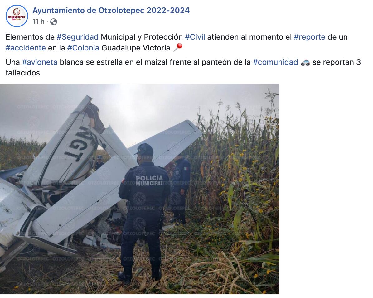 Avioneta se desploma en Otzolotepec, hay 3 muertos