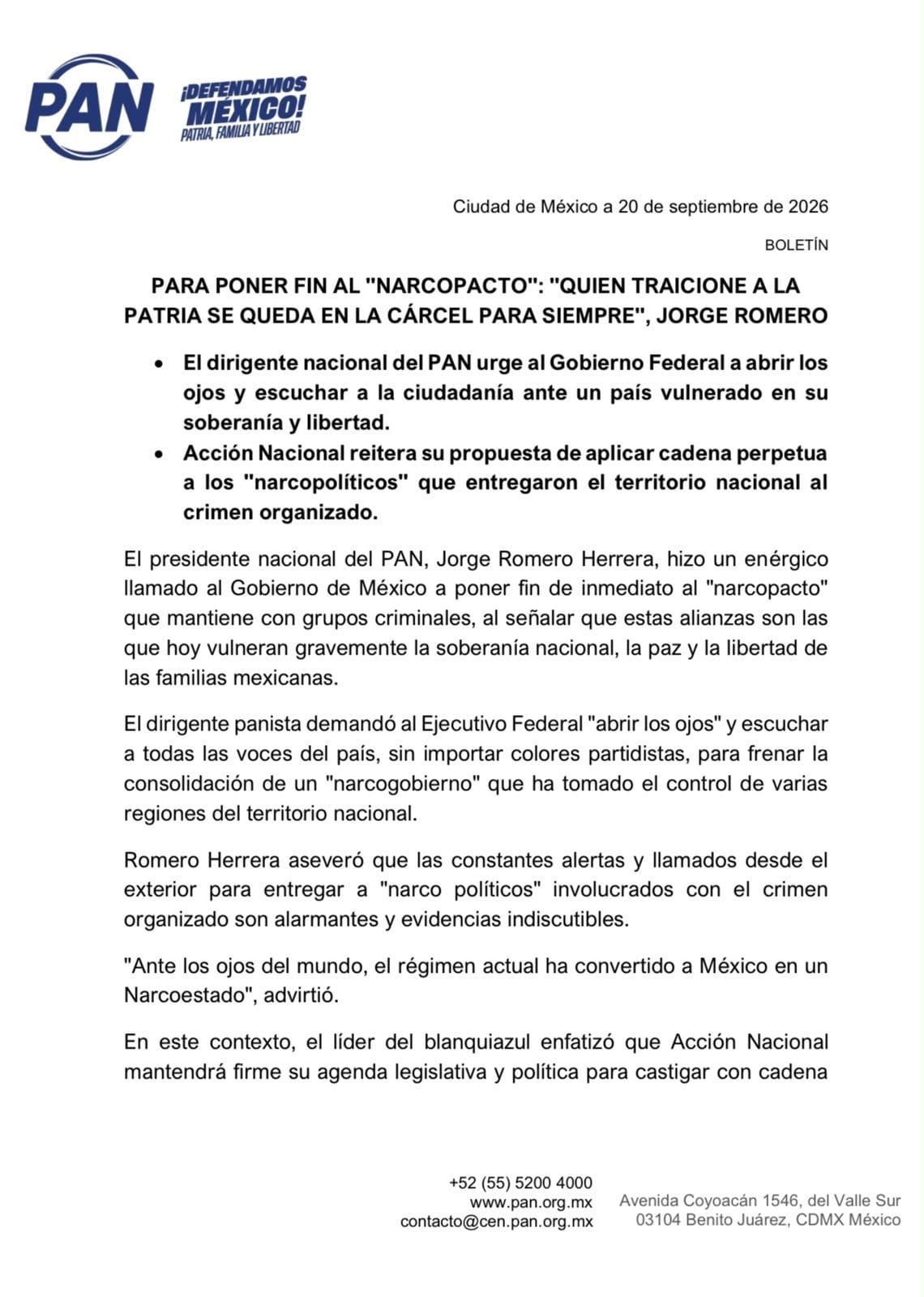 PAN pide a Gobierno Federal “abrir los ojos” y propone cadena perpetua a narcopolíticos