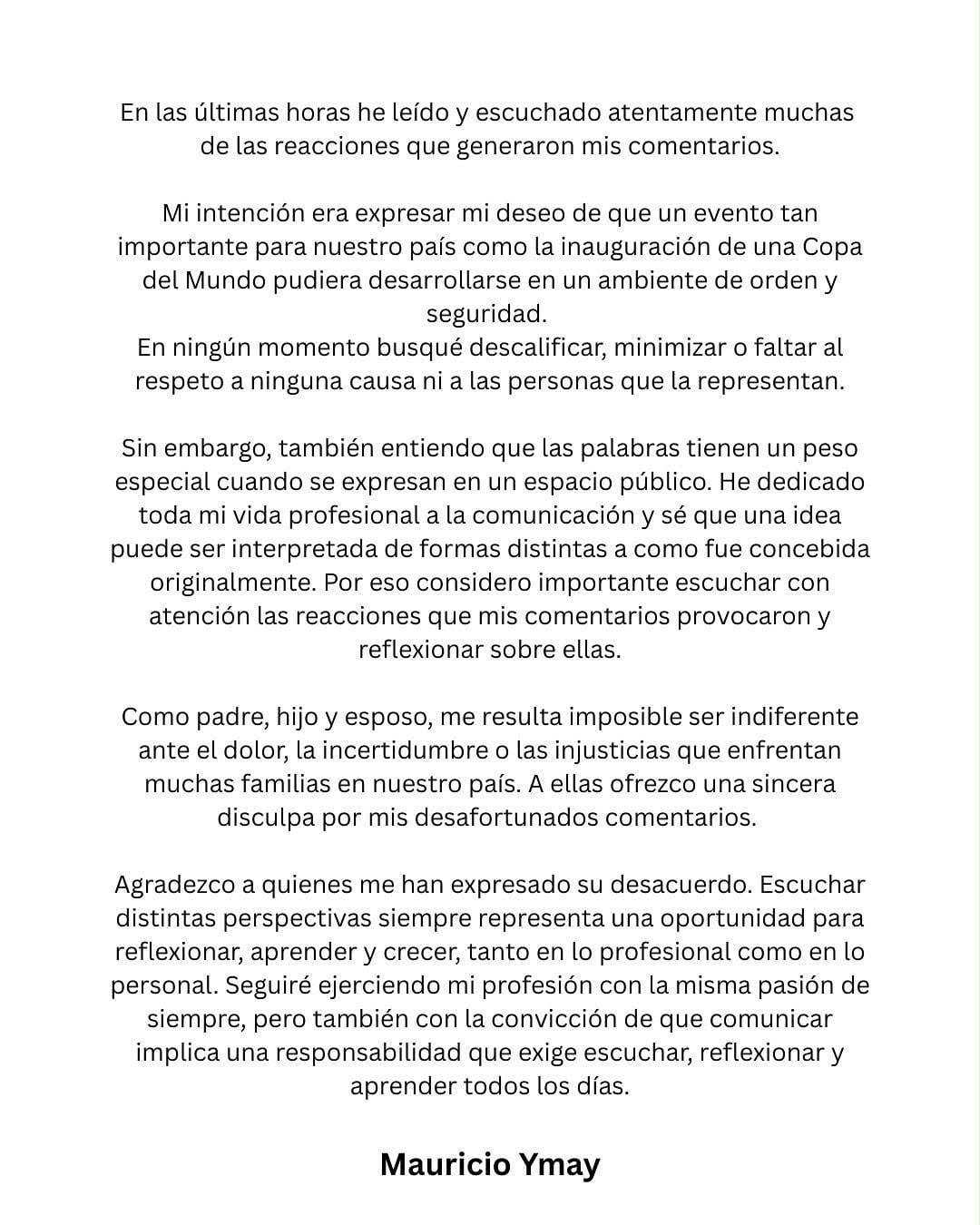 Comunicado de Mauricio Ymay tras sus declaraciones polémicas.