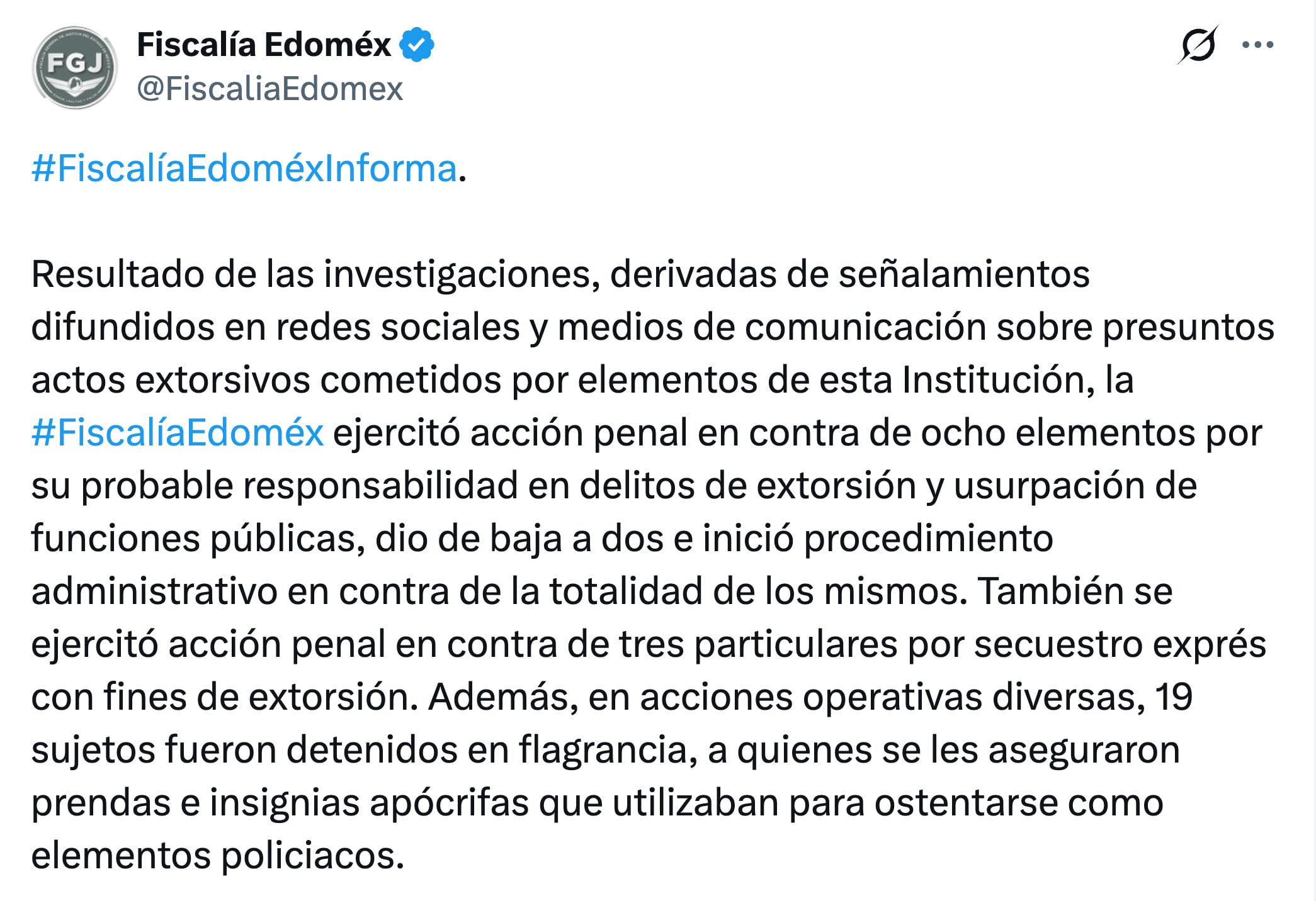 Fiscalía del Edomex informa 110 investigaciones contra policías