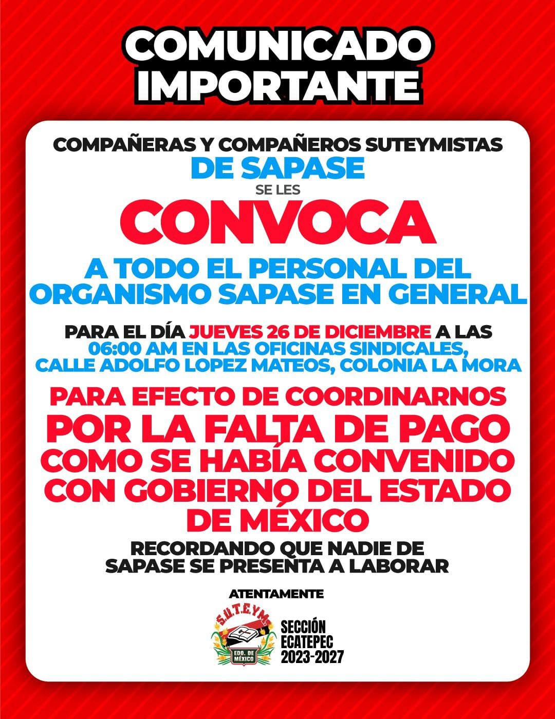 Suteym convoca a asamblea hoy jueves 26 de diciembre
