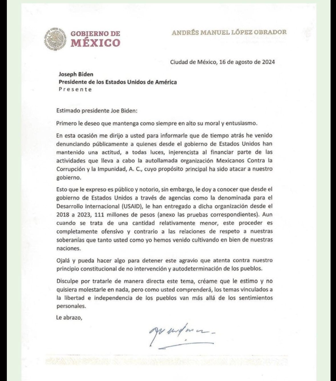 Carta de AMLO a Joe Biden sobre financiamiento a MCCI