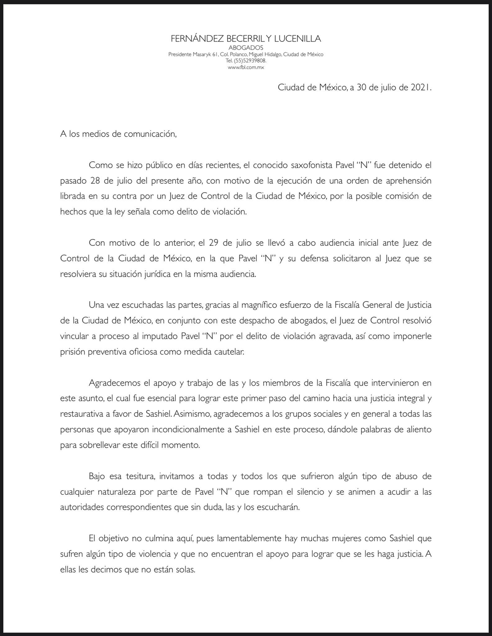 Comunicado de los abogados de Sashiel