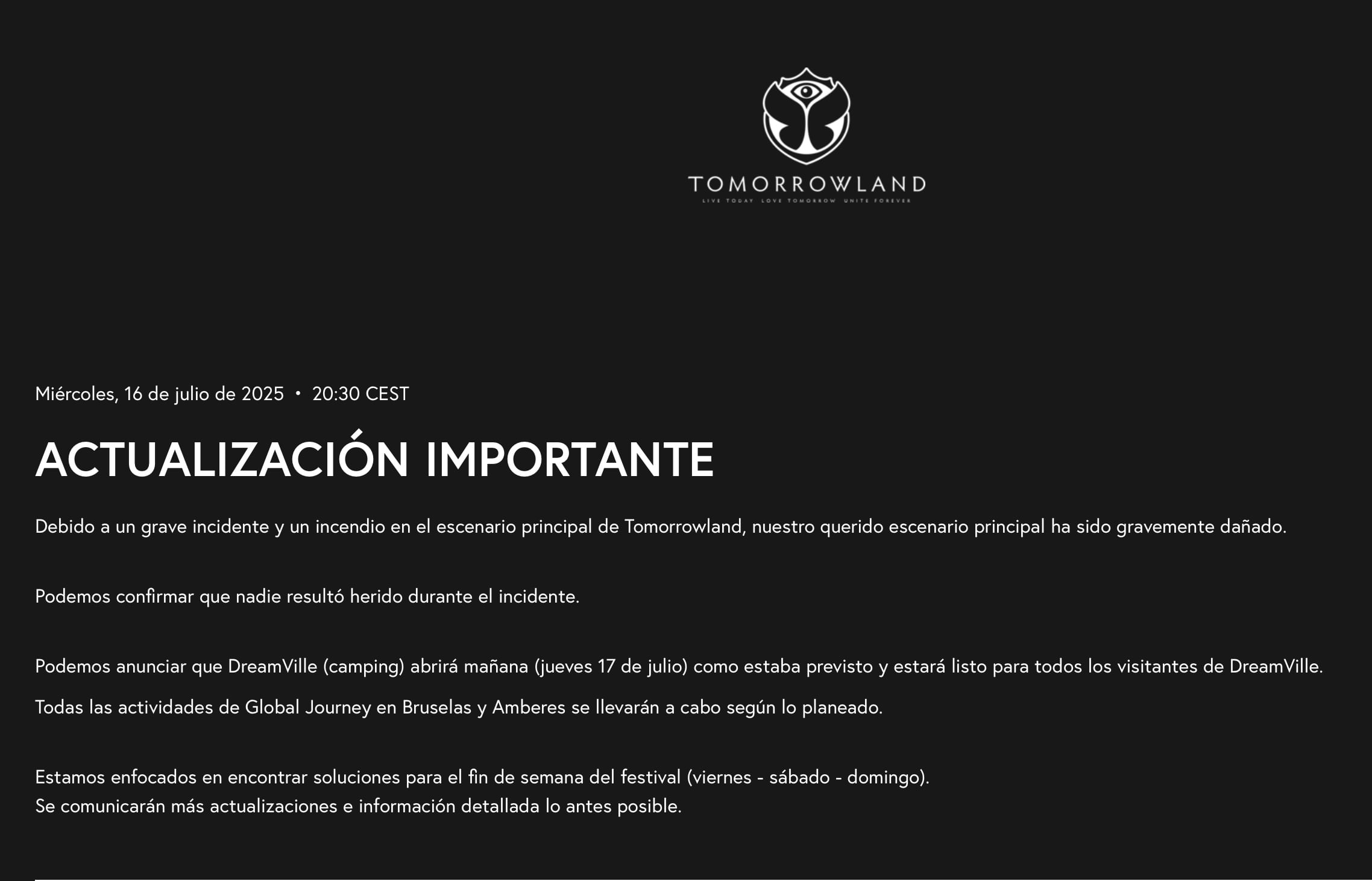 ¿Qué pasó en Tomorrowland 2025? El festival no fue cancelado, pero sufre importante accidente a días de empezar