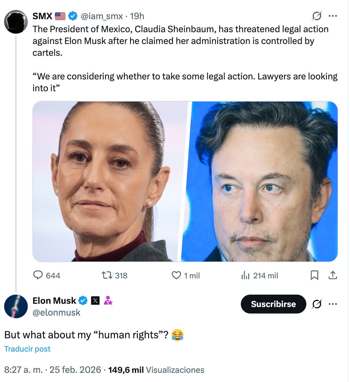 Elon Musk se burla de Claudia Sheinbaum tras decir que lo demandaría por difamación