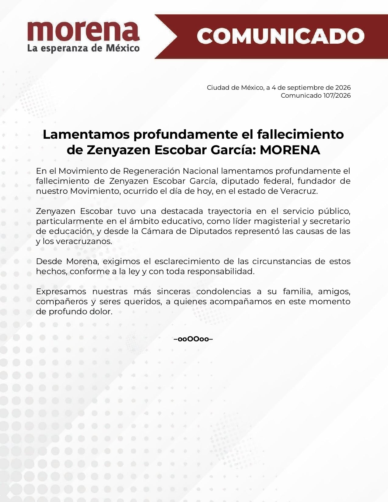 Morena lamenta muerte Zenyazen Escobar