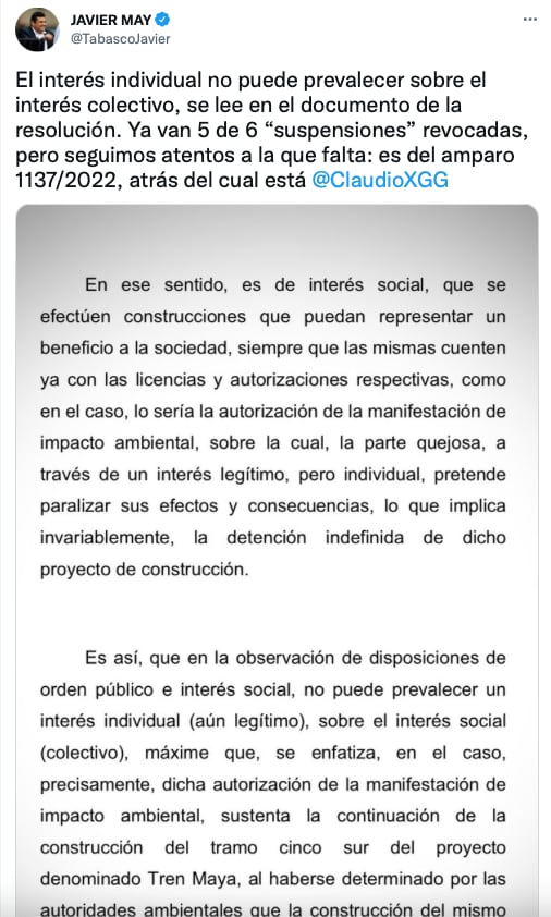 Javier May, director de Fonatur informa de la negación de 2 suspensiones definitivas/@TabascoJavier