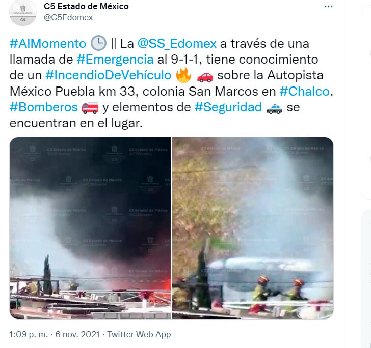 Captura de pantalla de Twitter del C5 del Estado de México