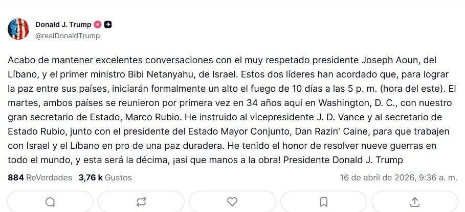 Donald Trump anuncia un alto al fuego por 10 días entre Líbano e Israel