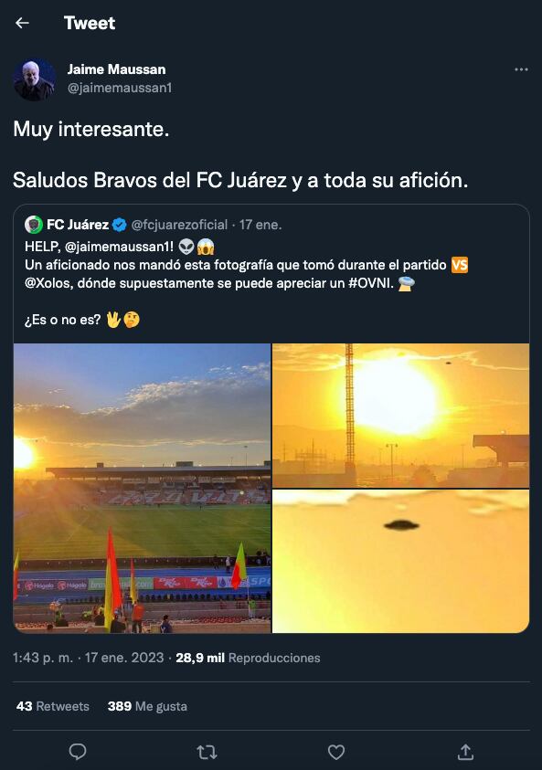 Jaime Maussan responde en Twitter por avistamiento de OVNI