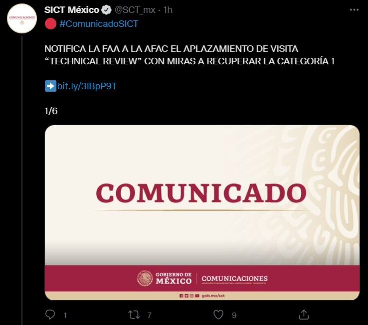 SICT informa que FAA retrasa revisión