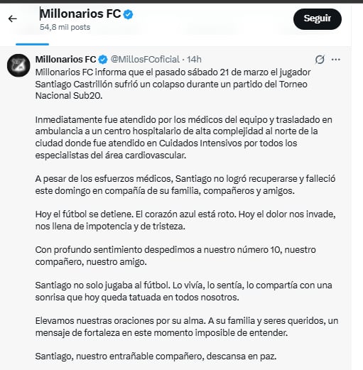 Así despide Millonarios a su exjugador