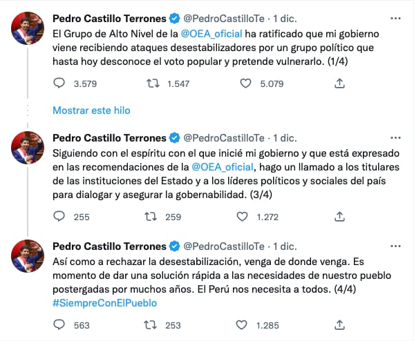 Pedro Castillo denunciaba un golpe de Estado en su contra