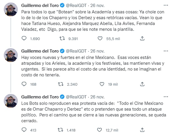 Tuits de Guillermo del Toro hablando de Eugenio Derbez