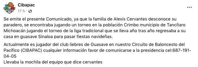 Información sobre desaparición de Alexis Cervantes
